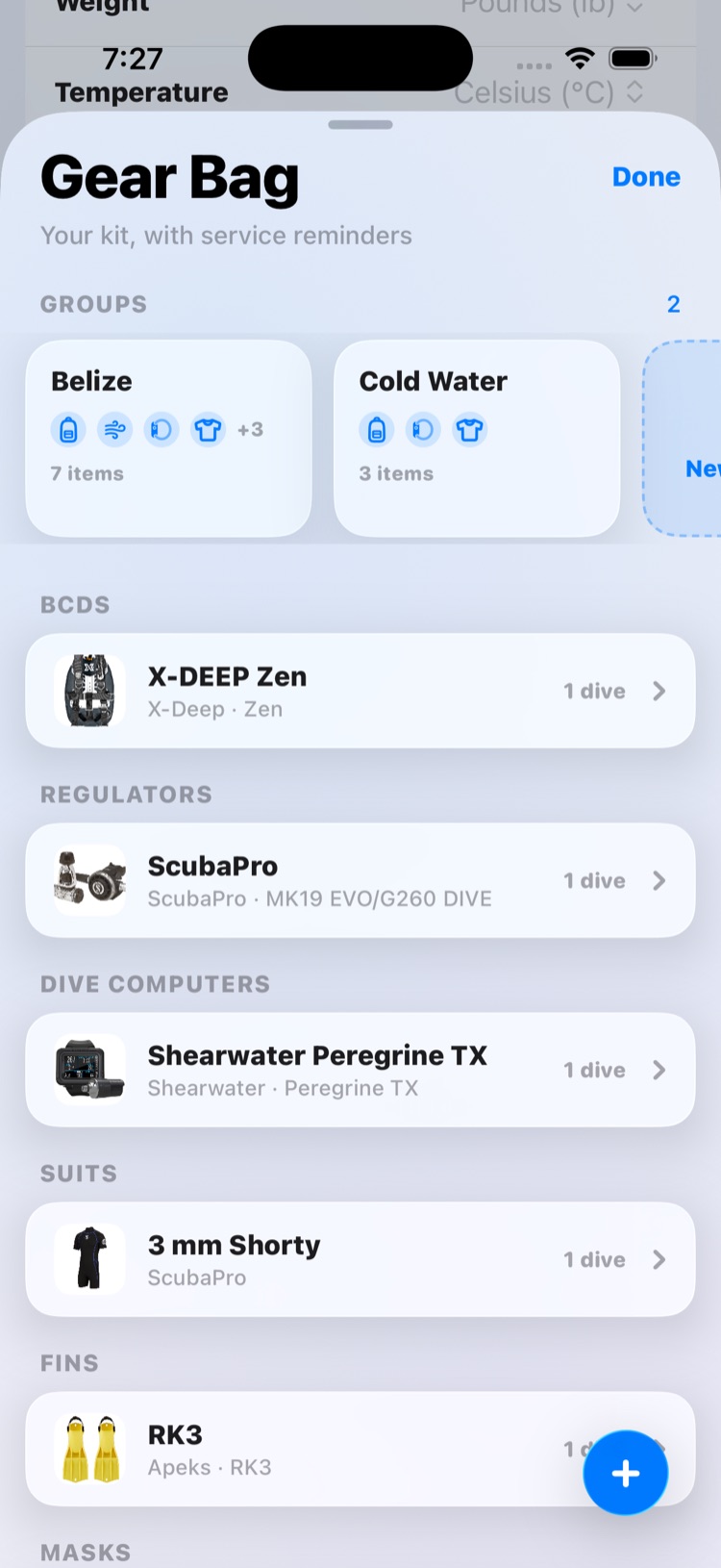 Gear bag listing BCDs, regulators, dive computers, and suits