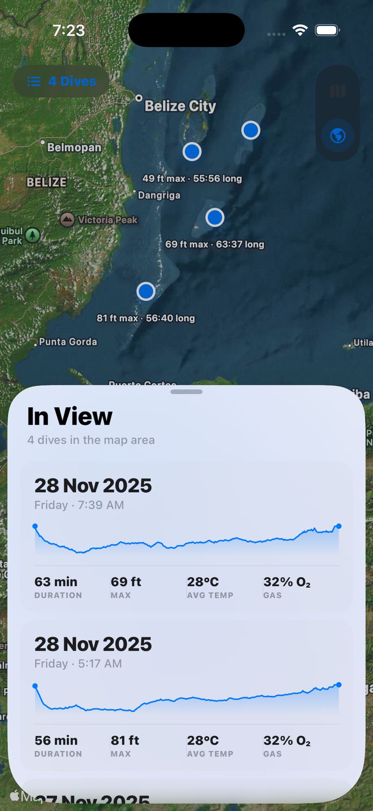 Map view showing logged dives across the Belize barrier reef