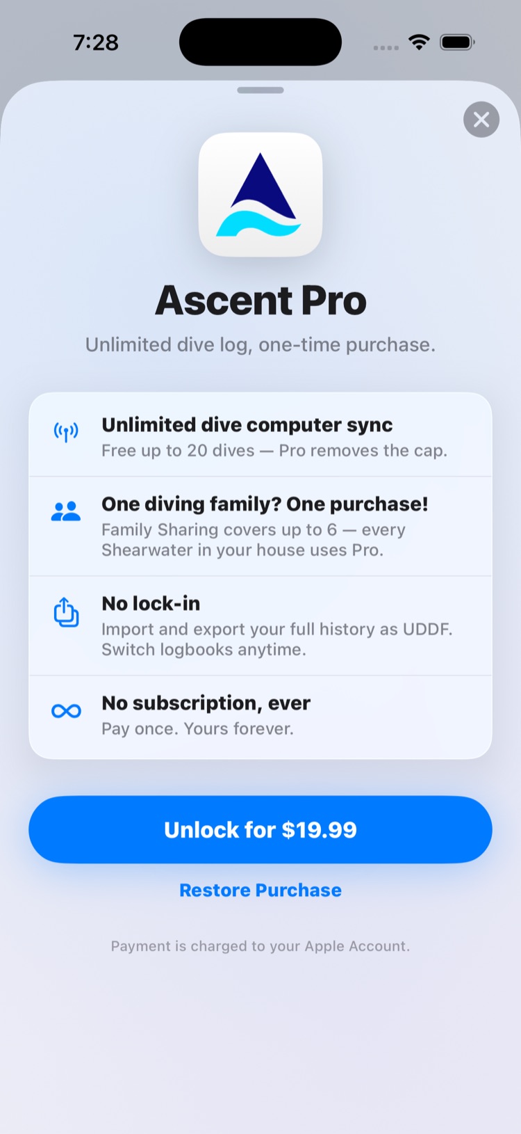 Ascent Pro upgrade: one-time purchase, no subscription