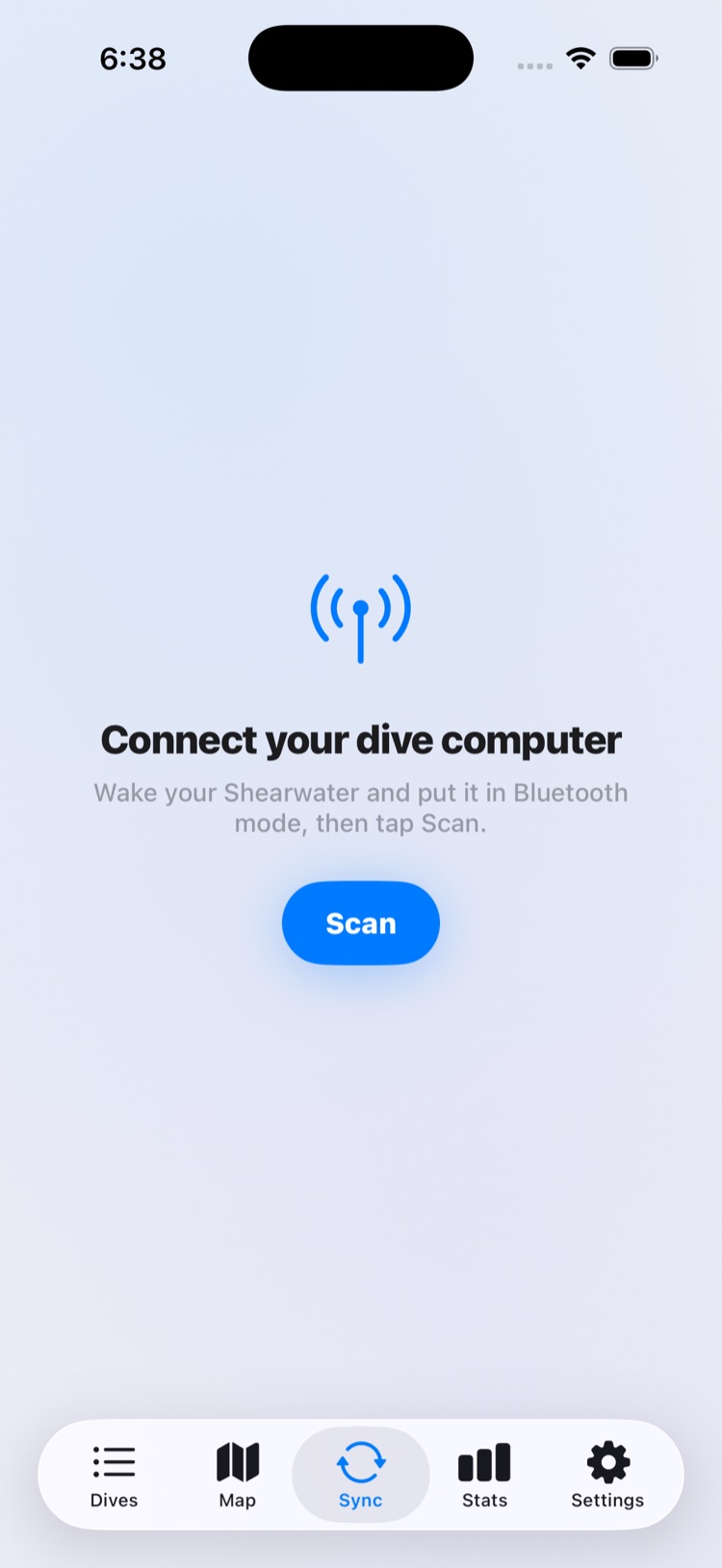 Connect screen for downloading dives from a Shearwater over Bluetooth
